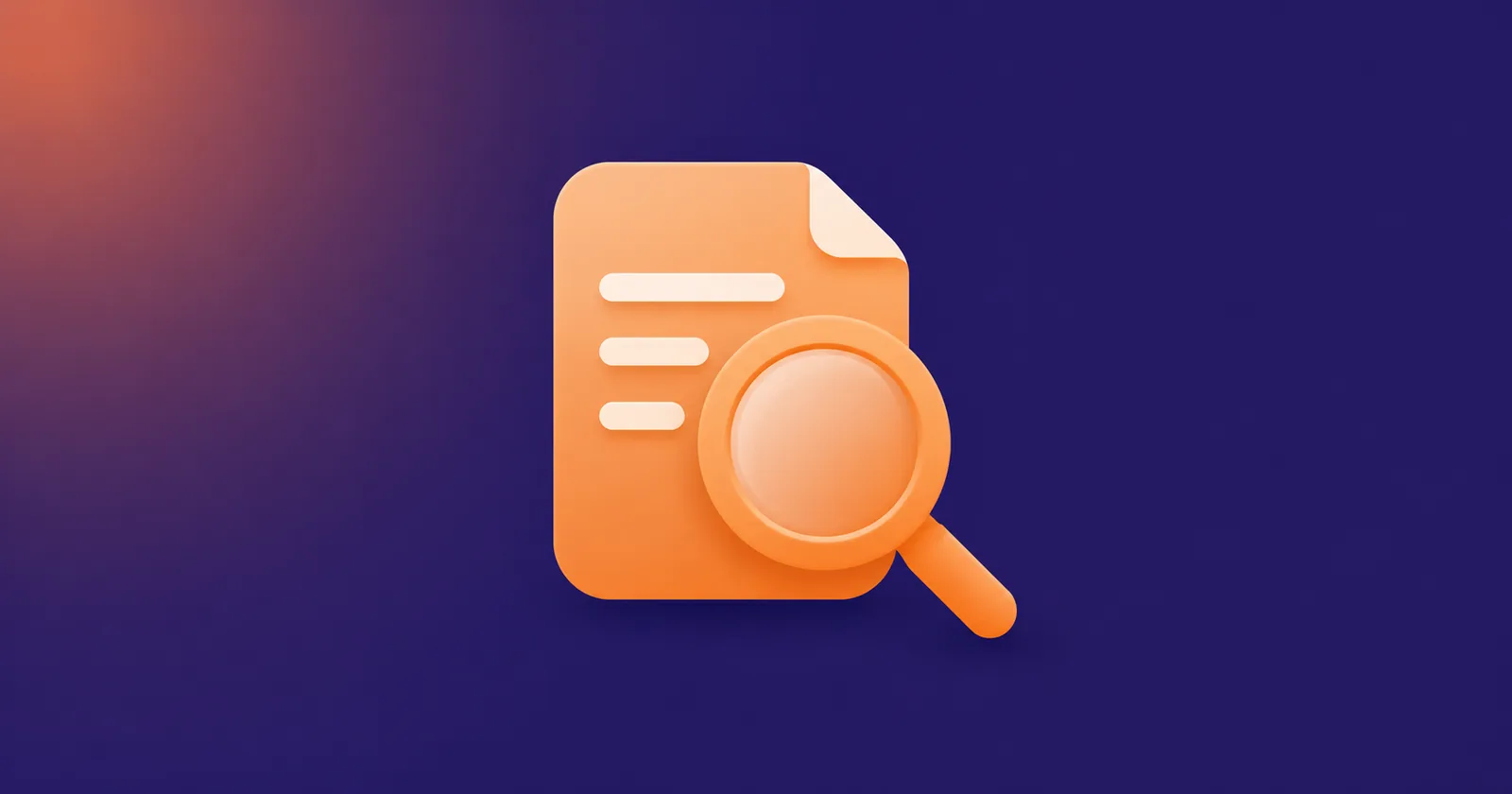 Orange magnifying glass over a document on a deep indigo background, representing SEO for B2B SaaS