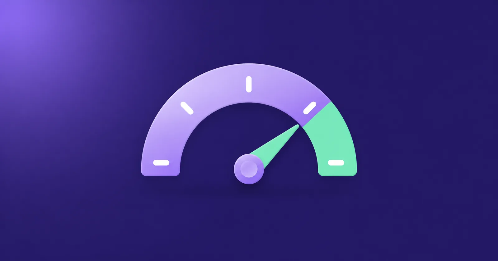 Lavender dashboard gauge with a mint needle on a deep indigo background, representing a custom marketing dashboard
