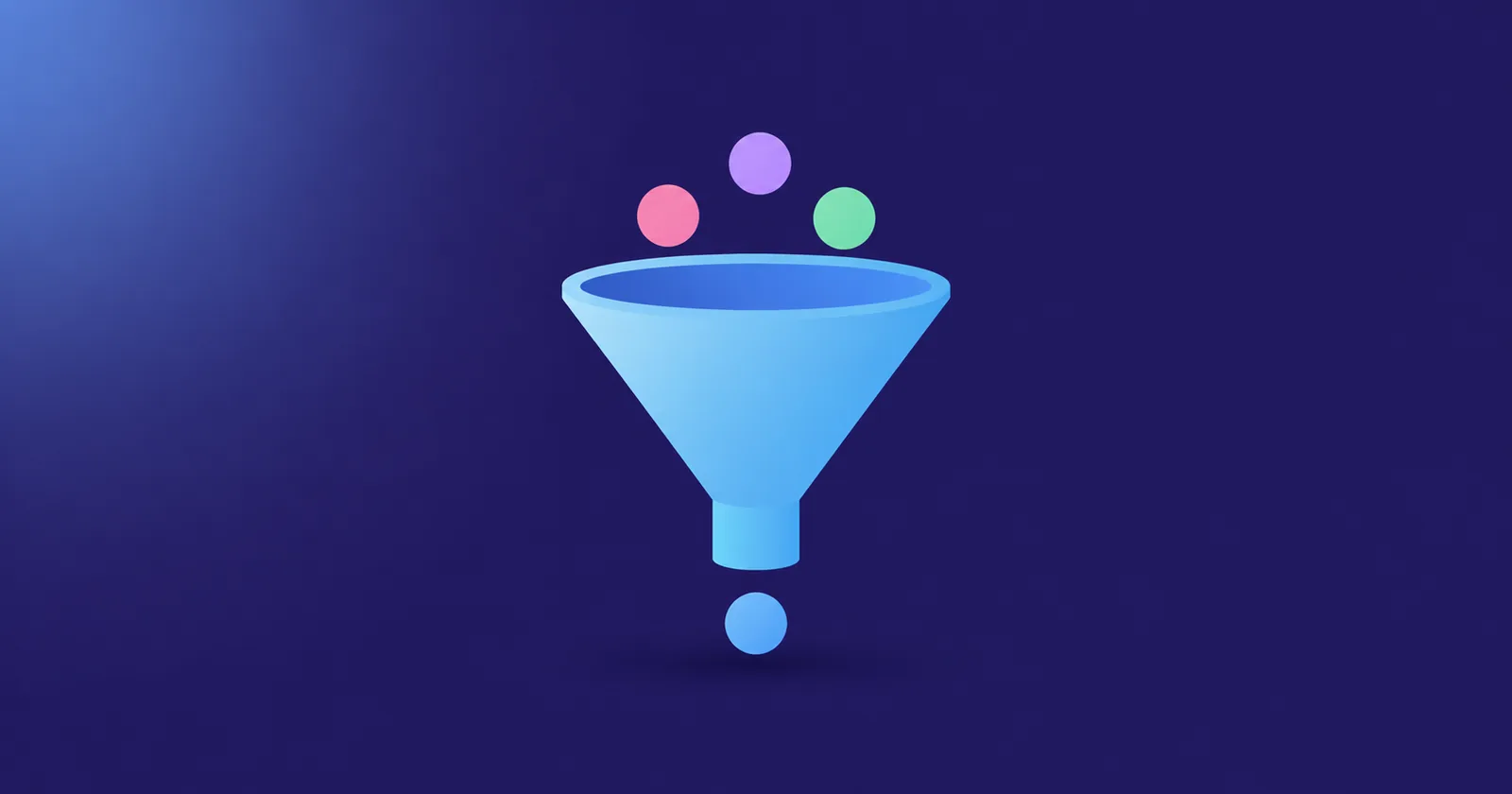 Flat sky-blue funnel with colored dots feeding into the top and one emerging below, representing a B2B SaaS demand engine