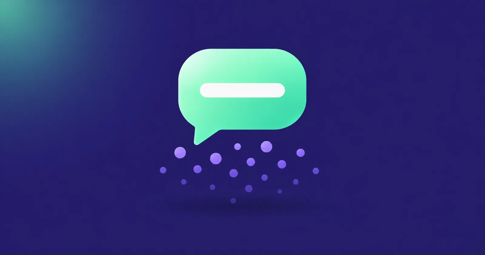 Mint speech bubble holding one bold line above a faded cluster of small dots on deep indigo, representing a SaaS messaging framework that turns a feature list into one story